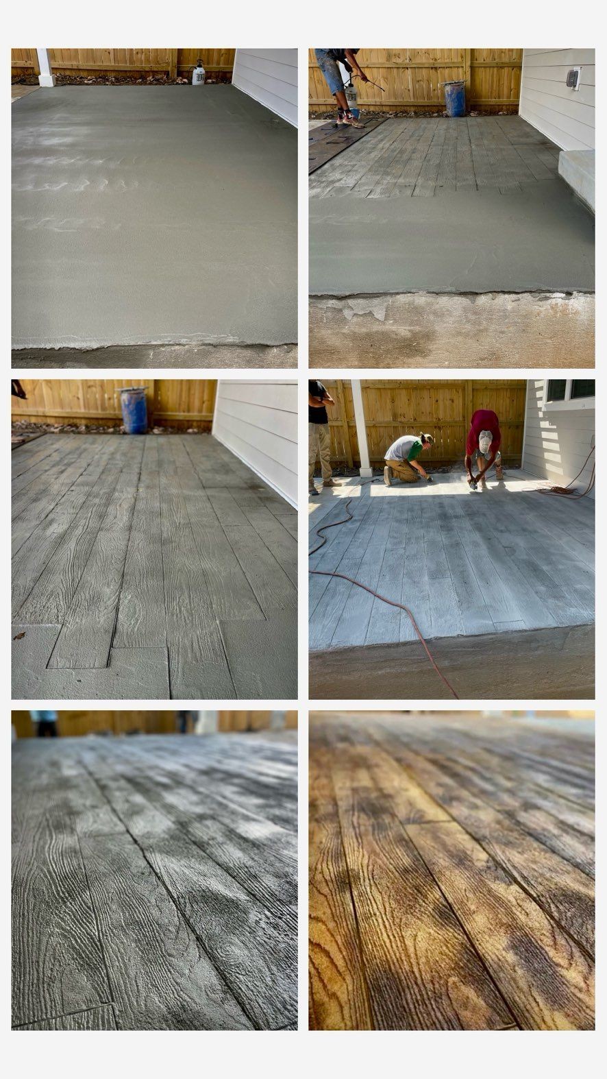 Step-by-step concrete repair and restoration process in Nashville, TN — from resurfacing and wood-grain stamping to staining and sealing the finished overlay for a natural wood look.