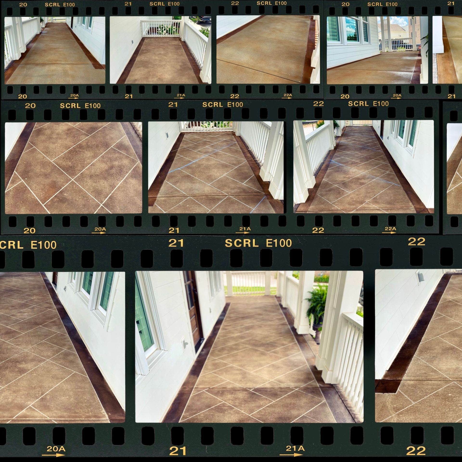 Before and after photos showing a Nashville porch stained and engraved by Hydeout Concrete, featuring a custom diamond pattern design with two-tone brown concrete finish.